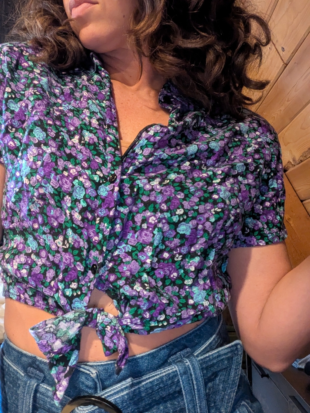 Vintage American Apparel Floral Tie-Front Crop Shirt - Purple Multi